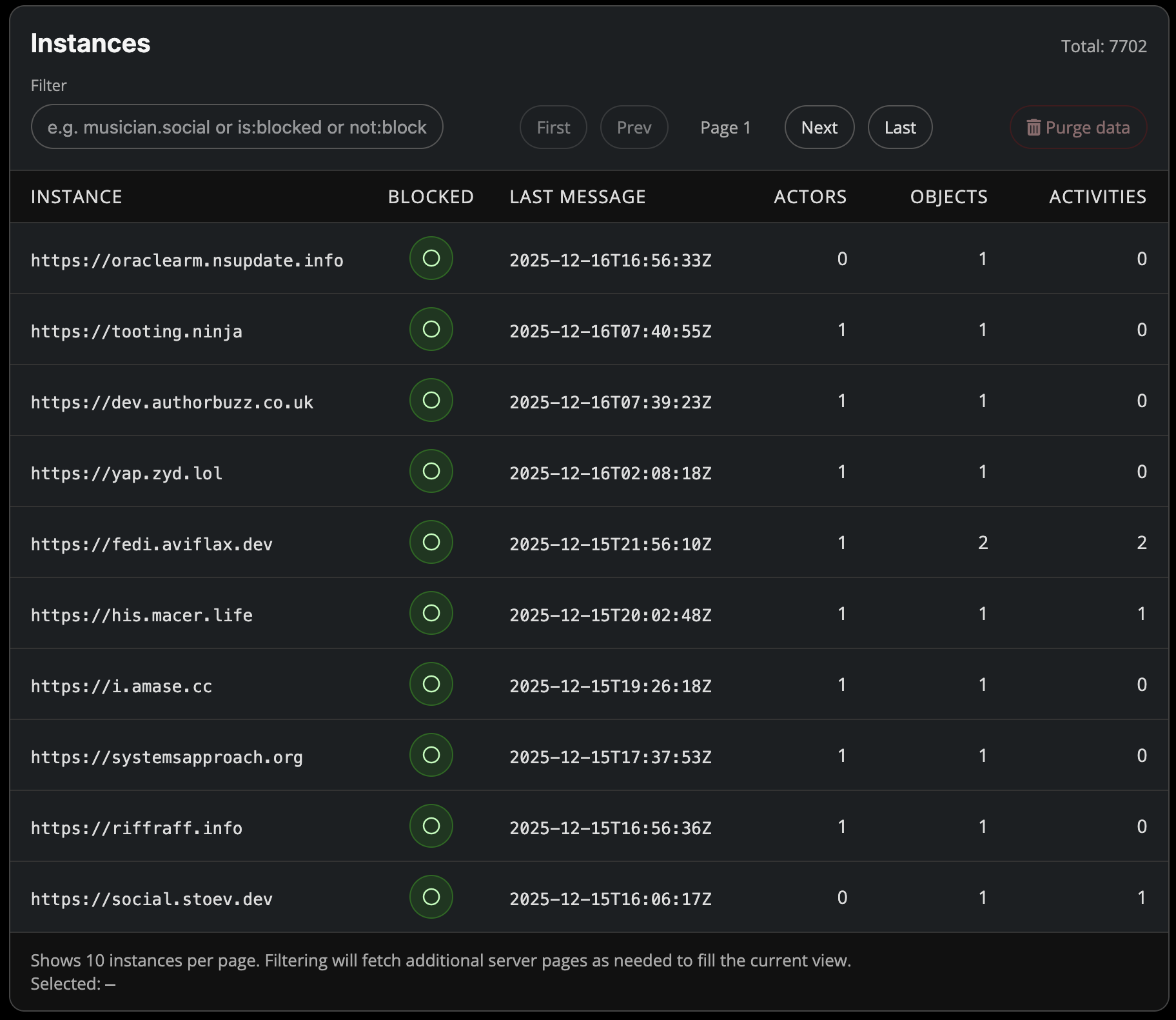 The Enigmatick instances UI showing the most recently discovered instances from the enigmatick.social server